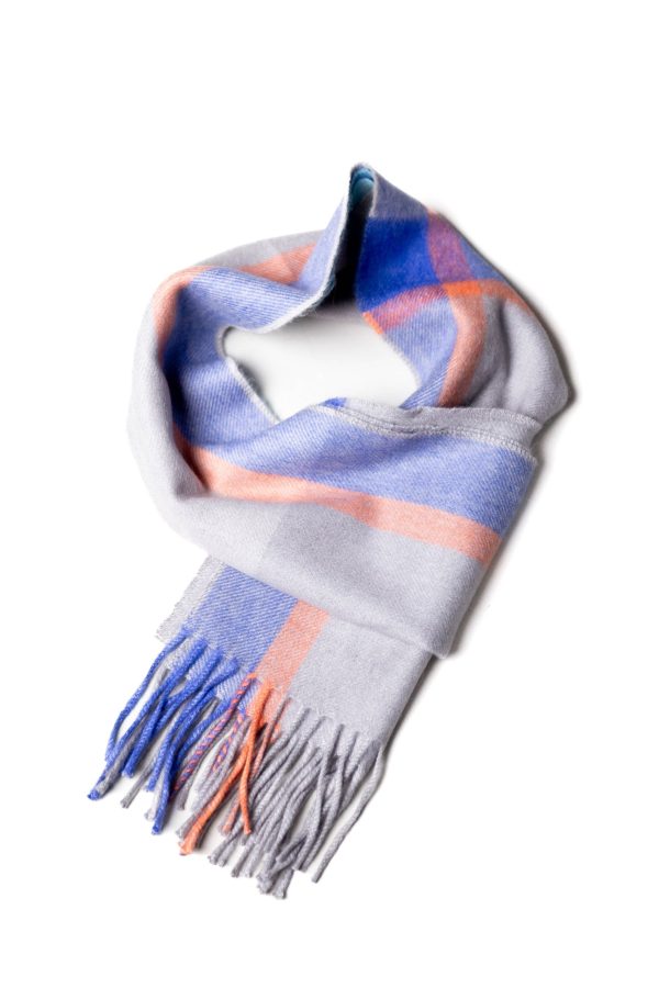 Baby Alpaca Scarf: Coastal Mist - Luxuriously Soft Scarf in Serene White, Light Blue, and Vibrant Orange Hues