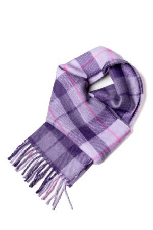 Baby Alpaca Scarf: Lavender Mosaic - Luxuriously Soft Scarf in Lavender with Pink Stripes and Square Pattern.