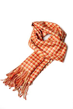 Baby Alpaca Scarf: Fiery Sunset Mosaic - A Striking Orange and Red Scarf with White Mosaic Pattern.