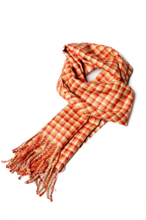 Baby Alpaca Scarf: Fiery Sunset Mosaic - A Striking Orange and Red Scarf with White Mosaic Pattern.